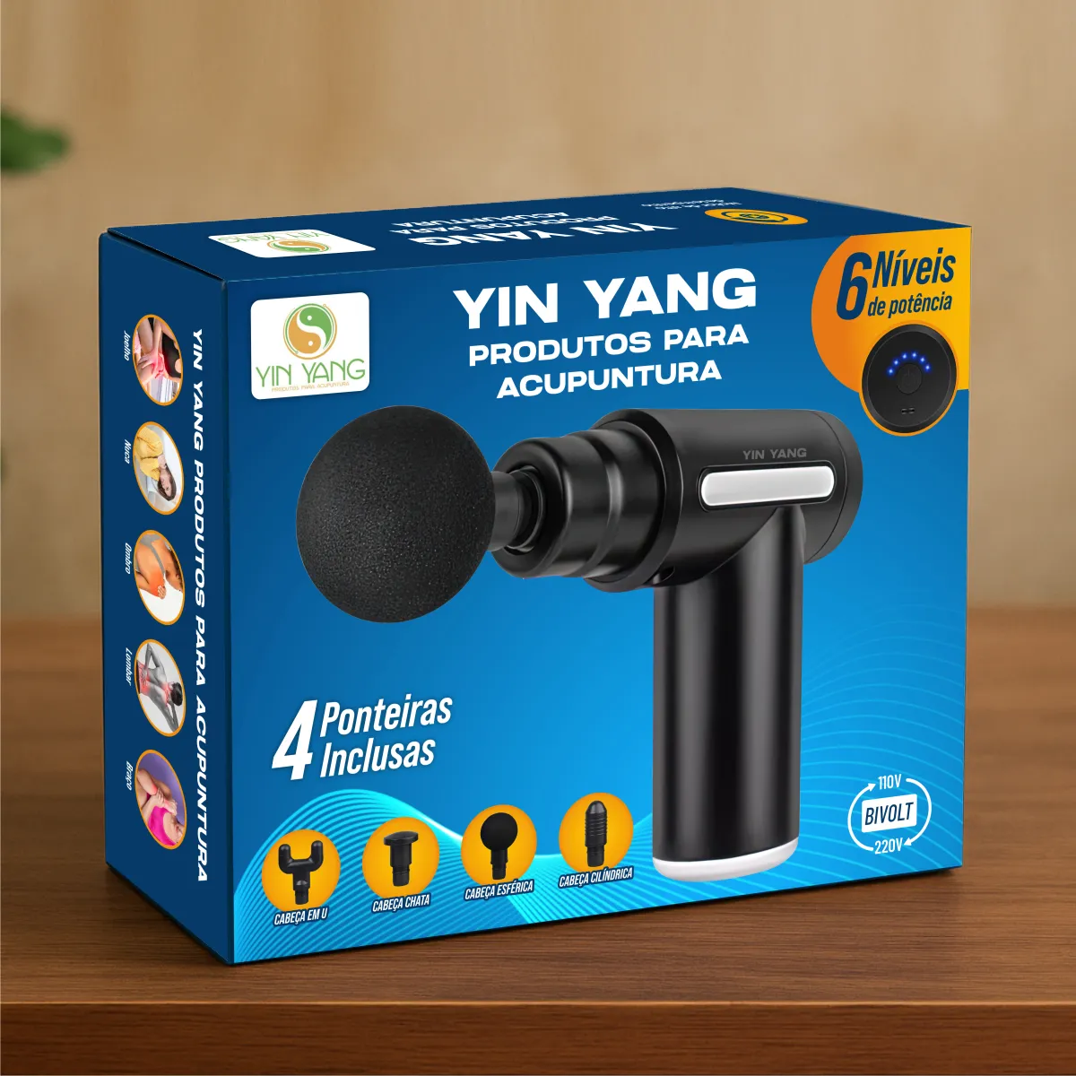 Massageador Pistola Muscular Profissional 6 Velocidades 4 Ponteiras Alívio Dores Relaxamento Bivolt Recarregável Yin Yang Produtos Para Acupuntura - imagem 2