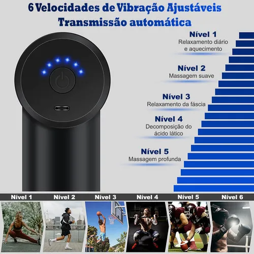 Massageador Pistola Muscular Profissional 6 Velocidades 4 Ponteiras Alívio Dores Relaxamento Bivolt Recarregável Yin Yang Produtos Para Acupuntura